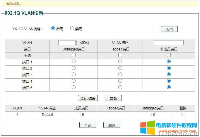 1、設(shè)置802.1Q VLAN,啟用,應(yīng)用,操作成功。