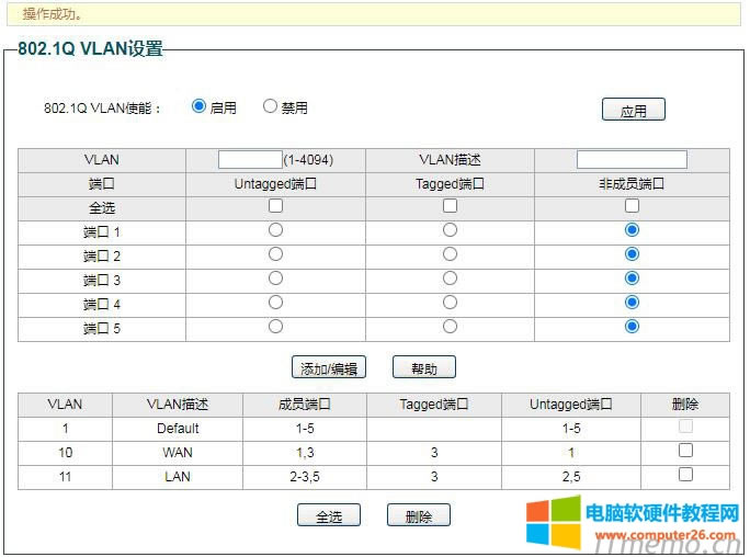 3、設(shè)置外網(wǎng)LAN,VLAN號(hào)為11,VLAN描述為L(zhǎng)AN,Untagged端口為2.5,Tagged端口為3,點(diǎn)擊下面的“添加/編輯”。操作成功