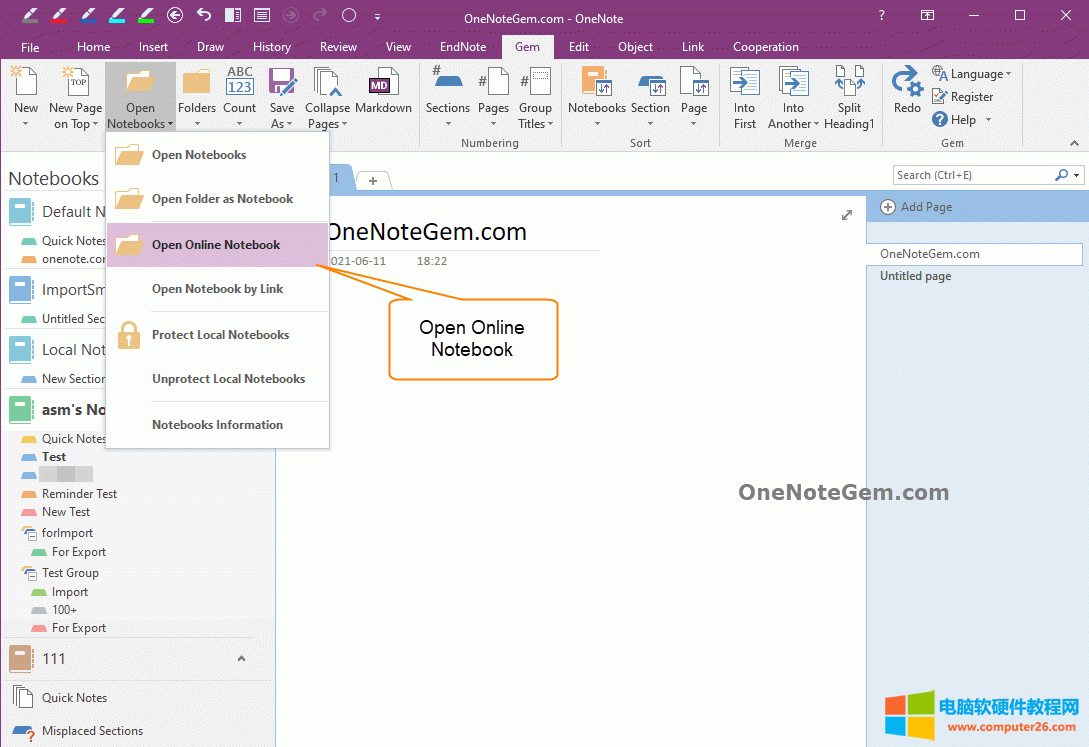 通過數(shù)字筆記珍寶 Gem for OneNote 提供的“打開在線筆記本”來打開共享過來的筆記本